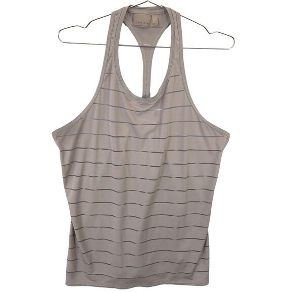 Athleta Tank Top Womens L Gray Stripe Mesh High Neck Chi Lightweight Stretch - Picture 1 of 11